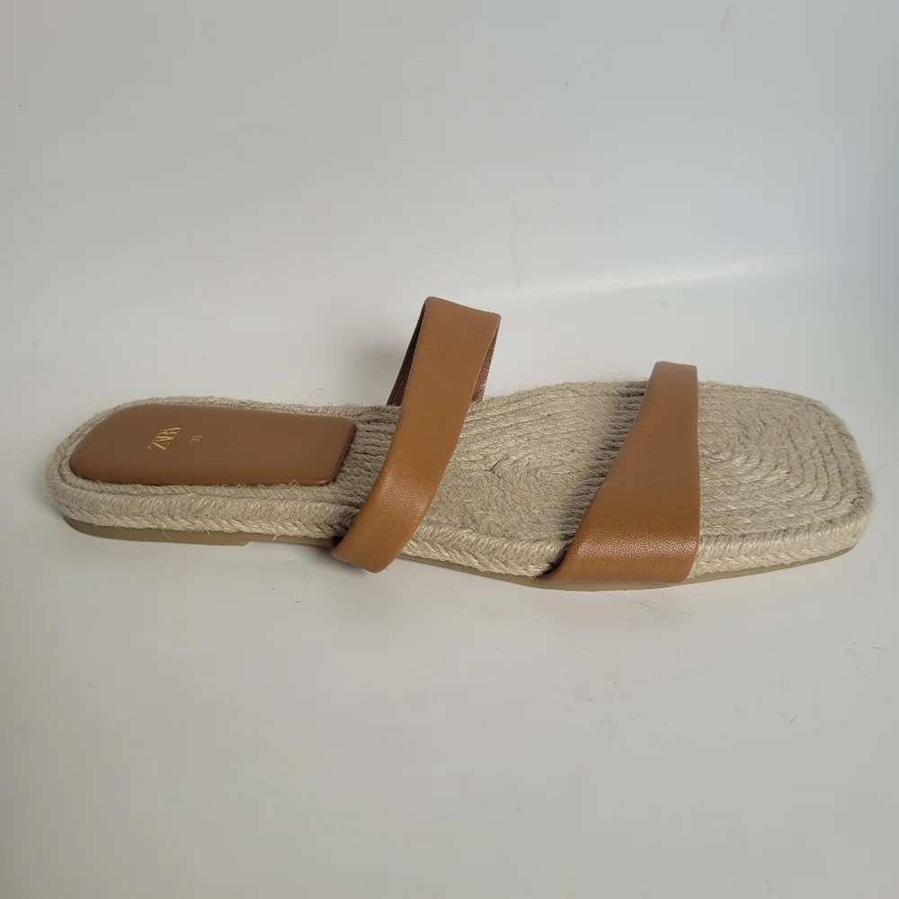 NWOT Zara Leather & Jute Flat Slide Sandals in Tan size 8.5 Boho - Picture 4 of 8